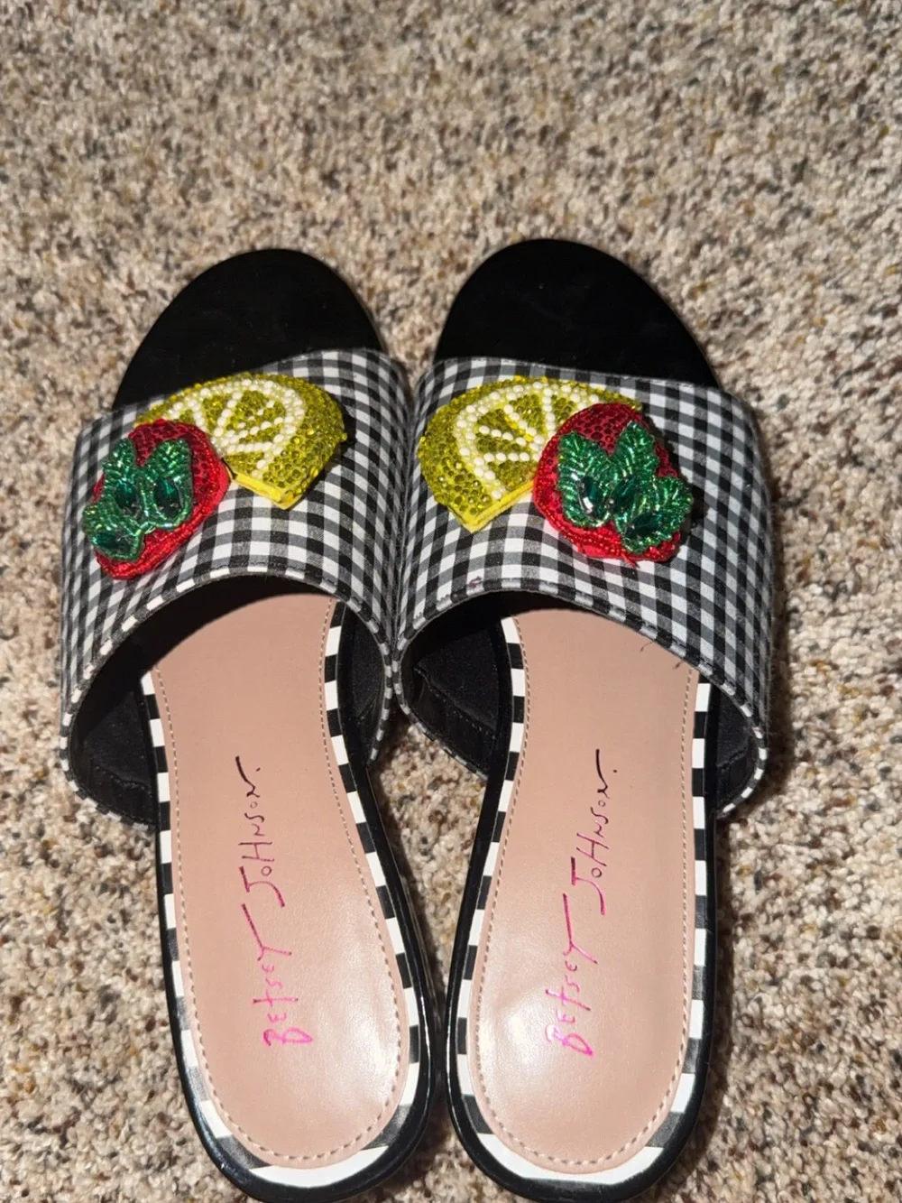 Betsey Johnson Black Gingham Sequin Fruit Slide Mules